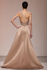 Champagner Langes Abendkleid aus Satin mit Rüschen